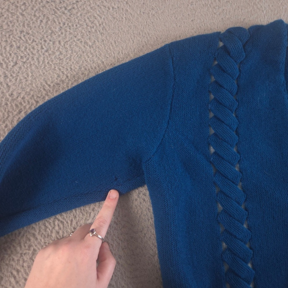 VINTAGE Silverwoods Sweater Mens M Teal Open Knit Cable Cardigan Wool 60s 70s - Picture 5 of 13